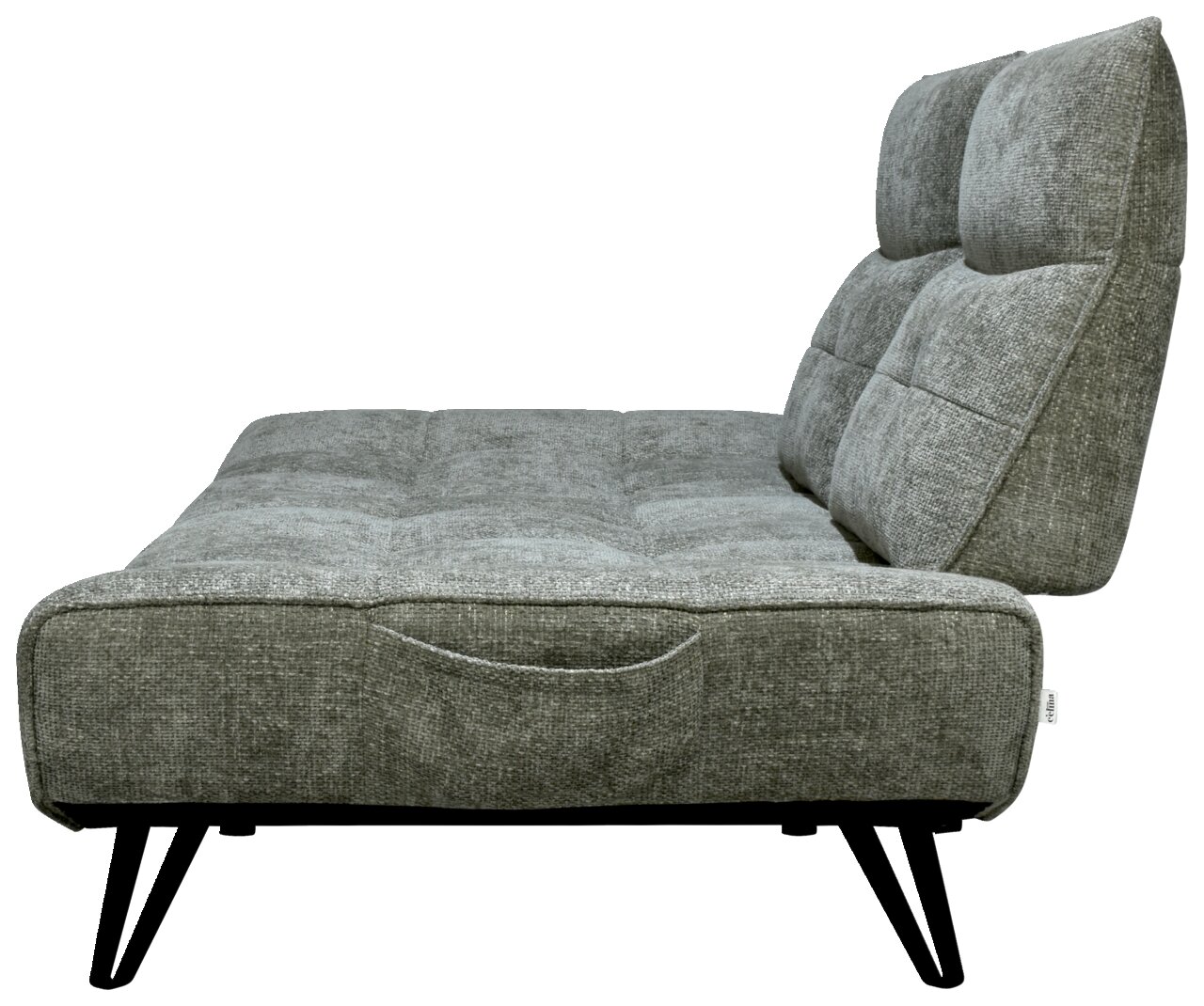 Seitenansicht einer grauen Polstergarnitur mit modernen, schrägen Beinen und gepolstertem Rücken.