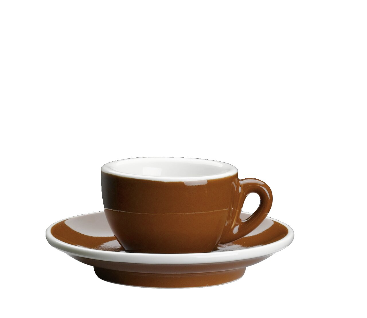 Braune Espressotasse ROMA mit Untertasse, seitliche Perspektive