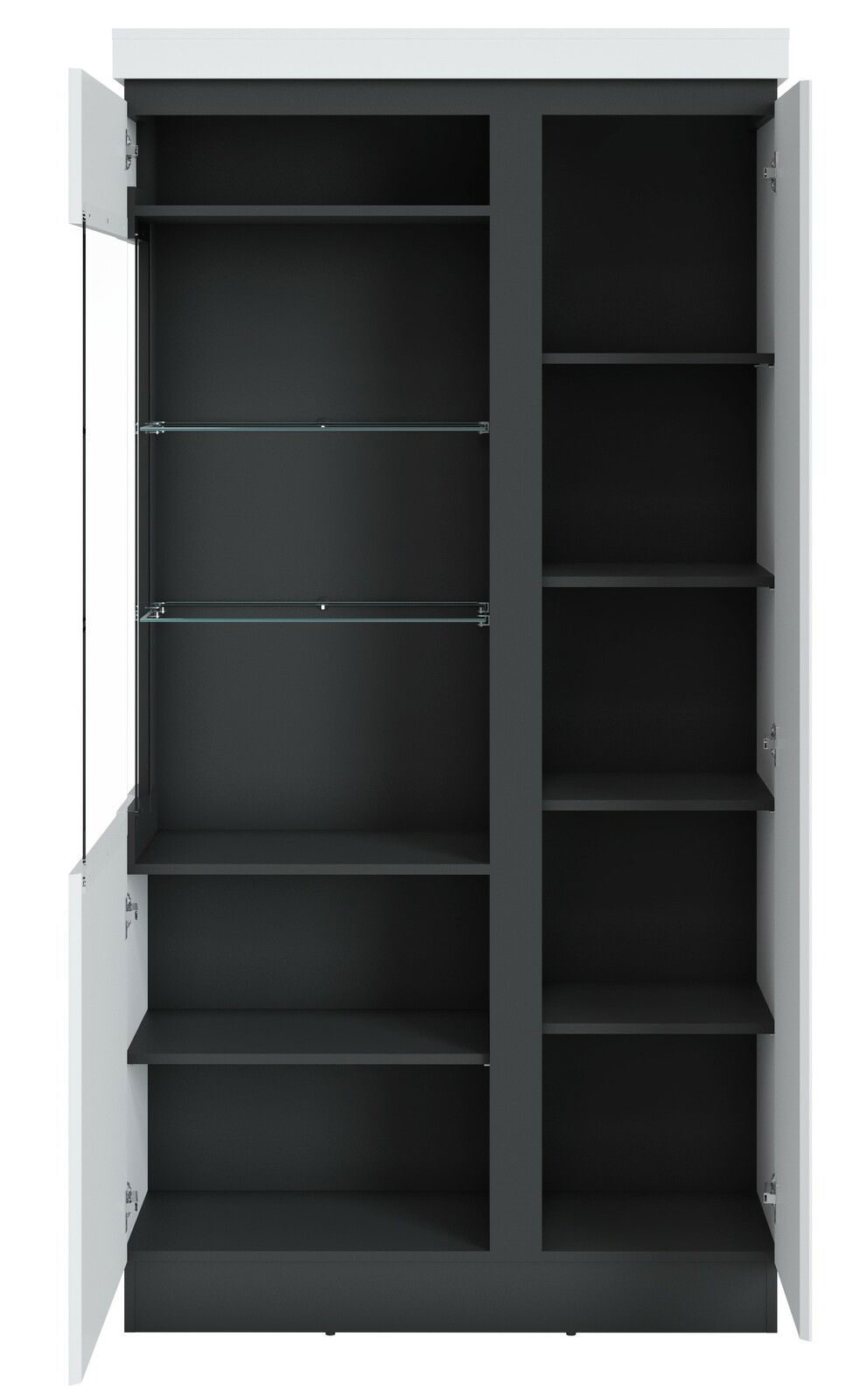 Vitrine breit mit geöffneten Türen, Innenansicht mit mehreren Regalböden, Perspektive von vorne