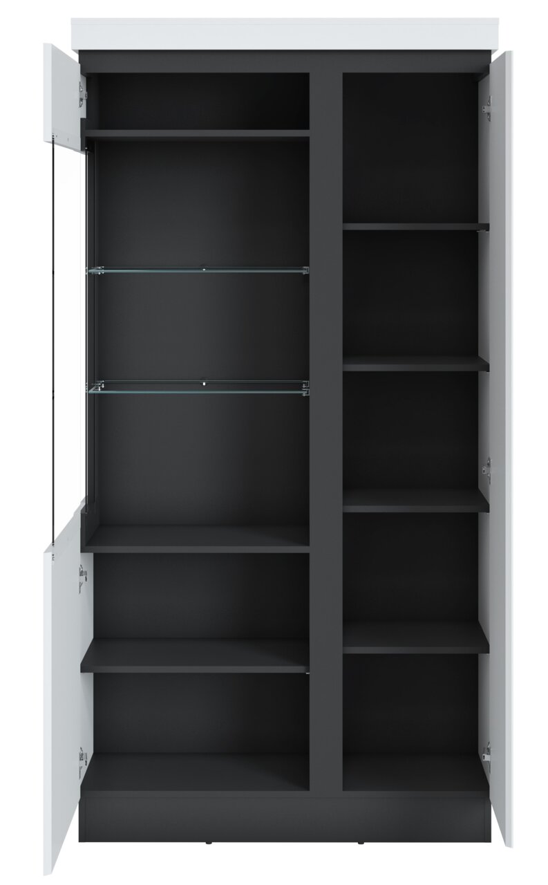 Vitrine breit mit geöffneten Türen, Innenansicht mit mehreren Regalböden, Perspektive von vorne