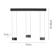 Moderne LED-Pendelleuchte mit drei zylindrischen Lampenschirmen, hängend an dünnen Kabeln von einer rechteckigen Deckenhalterung. Frontale Ansicht mit Abmessungen: 110 cm Breite, 15 cm Durchmesser der Schirme, einstellbare Höhe von 40 bis 180 cm.
