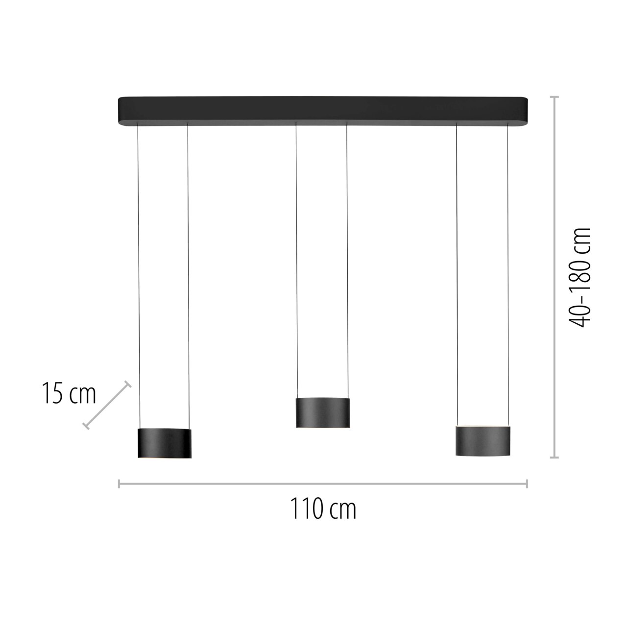 Moderne LED-Pendelleuchte mit drei zylindrischen Lampenschirmen, hängend an dünnen Kabeln von einer rechteckigen Deckenhalterung. Frontale Ansicht mit Abmessungen: 110 cm Breite, 15 cm Durchmesser der Schirme, einstellbare Höhe von 40 bis 180 cm.