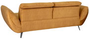 Rückansicht eines modernen 2-Sitzer-Sofas in senfgelbem Stoffbezug mit breiten Armlehnen, geteilten Rückenkissen und schwarzen Metallfüßen, freigestellt auf weißem Hintergrund