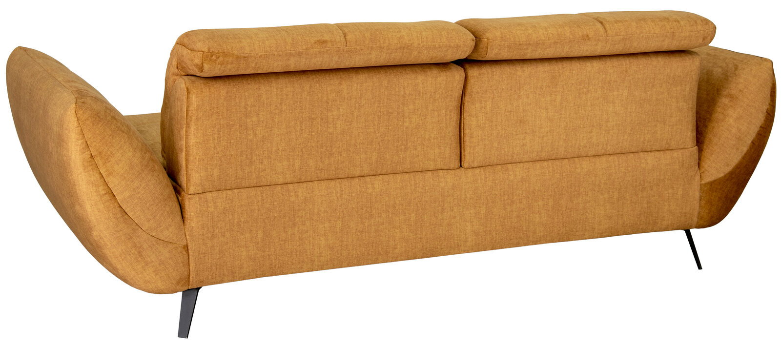 Rückansicht eines modernen 2-Sitzer-Sofas in senfgelbem Stoffbezug mit breiten Armlehnen, geteilten Rückenkissen und schwarzen Metallfüßen, freigestellt auf weißem Hintergrund