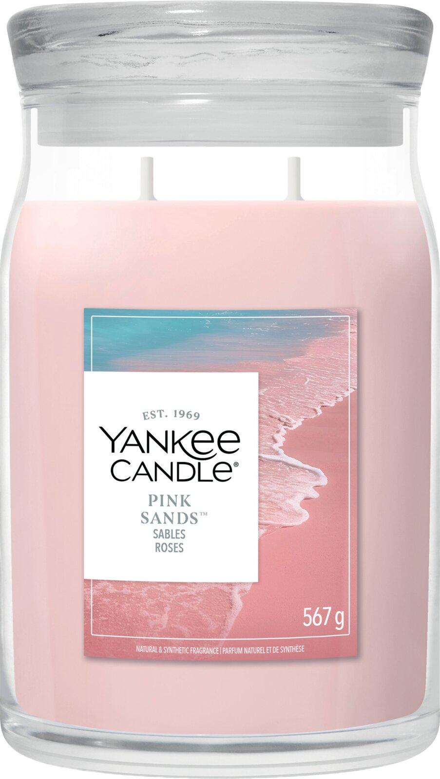 Yankee Candle Pink Sands Duftkerze mit rosa Wachs, zwei Dochten und Glasdeckel, 567 g, frontal vor weißem Hintergrund