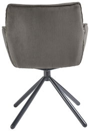 Rückansicht eines Armlehnstuhls mit grauem, geripptem Stoffbezug und schwarzem Metallgestell.