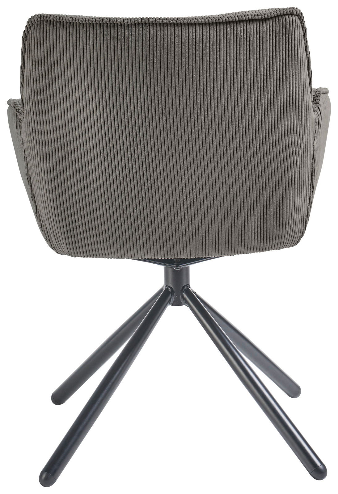 Rückansicht eines Armlehnstuhls mit grauem, geripptem Stoffbezug und schwarzem Metallgestell.