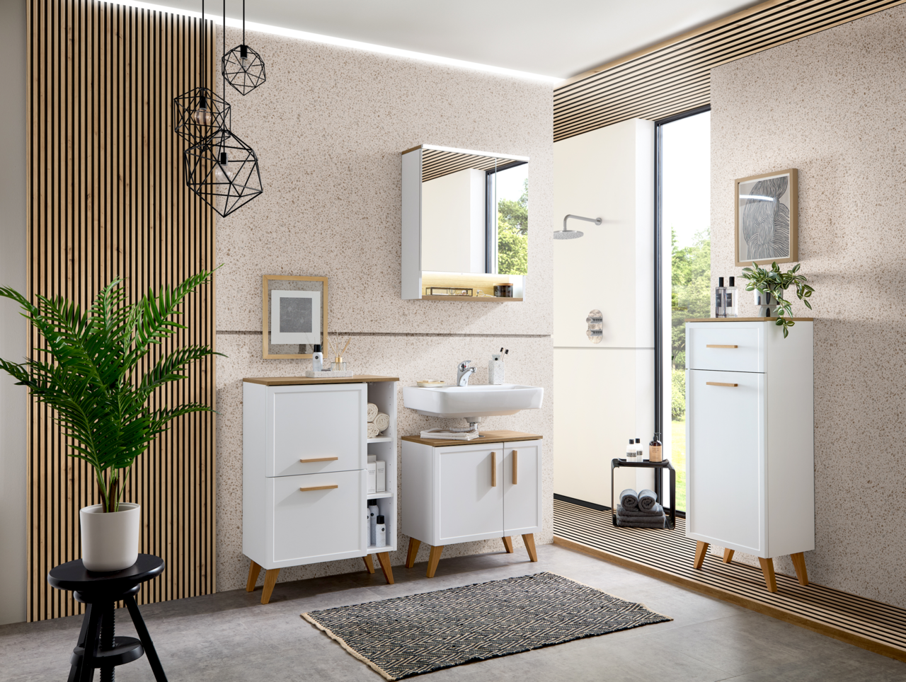 Moderner weißer Unterschrank im skandinavischen Design mit Holzgriffen und -füßen, frontal abgebildet in einem stilvollen Badezimmer.