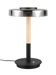 Moderne Tischleuchte Celeste mit rundem, schwarzem Sockel, Holzstiel und flachem, silbernem Lampenschirm, seitliche Perspektive