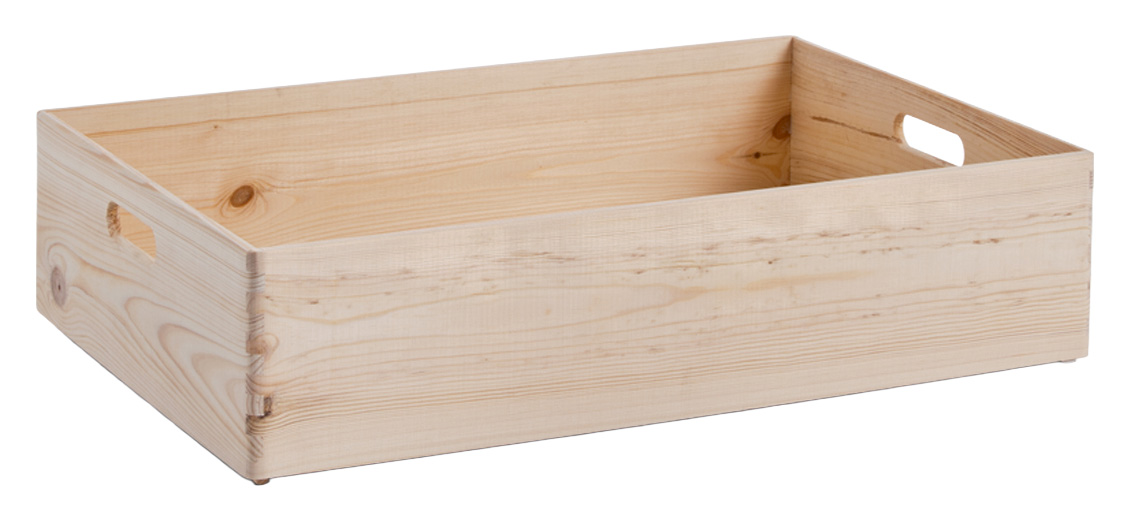 Holzkiste mit Griffen, rechteckig, aus hellem Holz, Perspektive von schräg oben