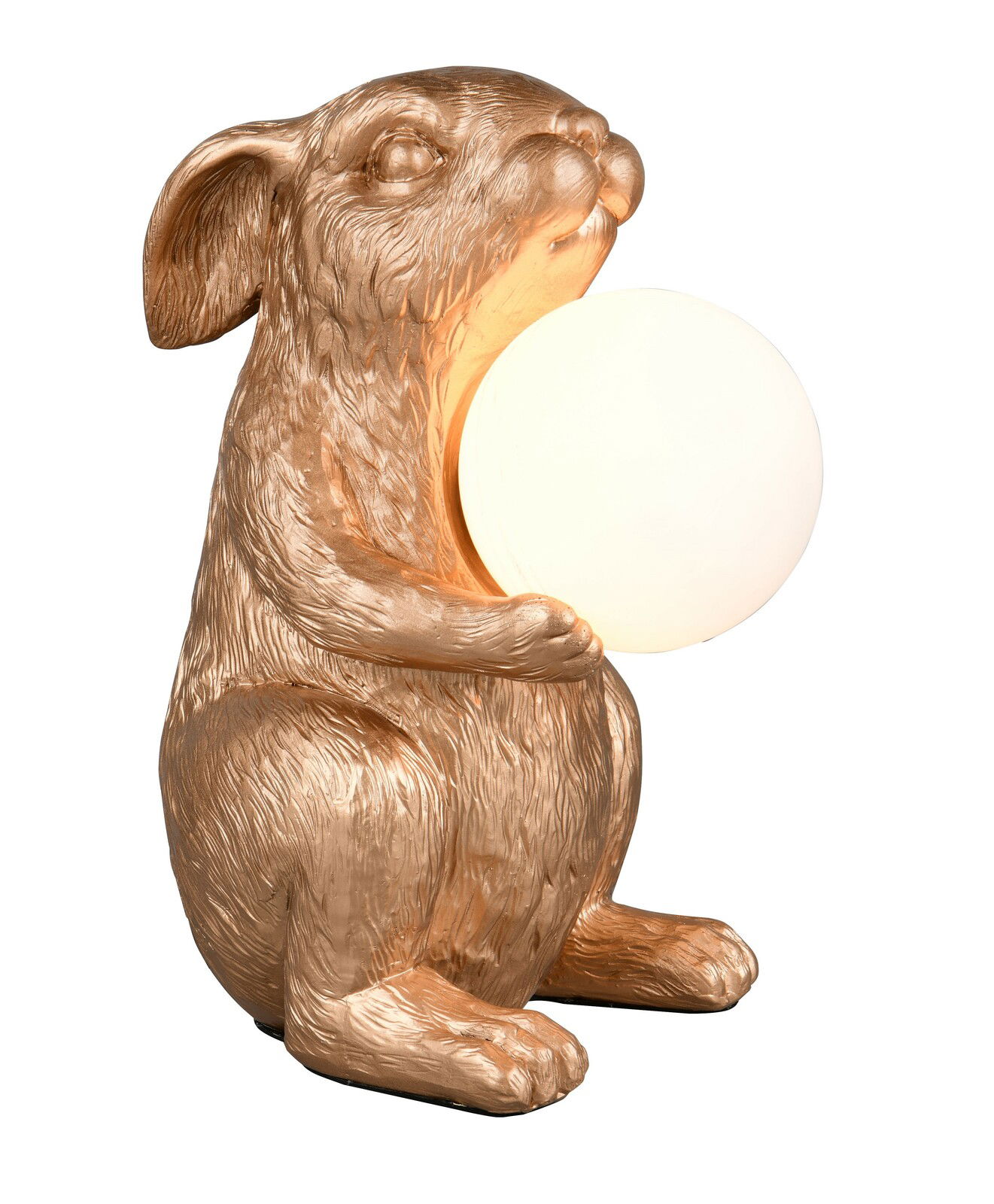 Goldene Tischleuchte in Form eines sitzenden Hasen, der eine leuchtende Kugel hält, seitliche Perspektive
