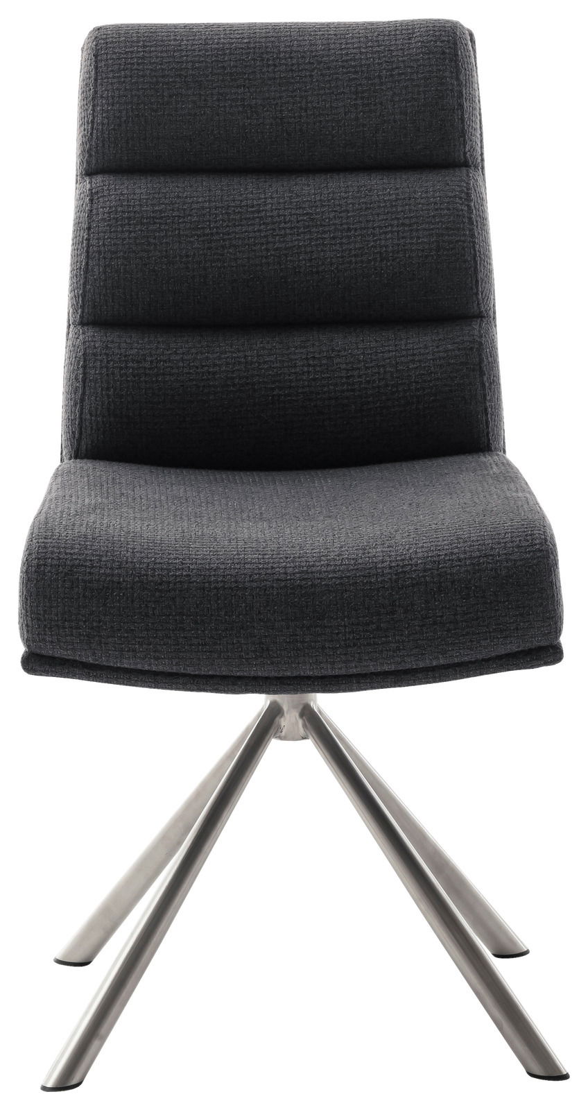 Moderner Stuhl mit grauem Stoffbezug und Metallbeinen, Frontalansicht