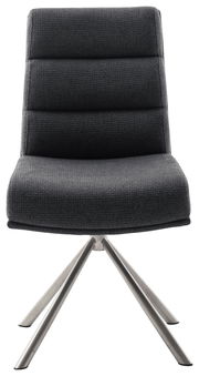 Moderner Stuhl mit grauem Stoffbezug und Metallbeinen, Frontalansicht