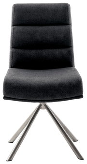 Moderner Stuhl mit grauem Stoffbezug und Metallbeinen, Frontalansicht
