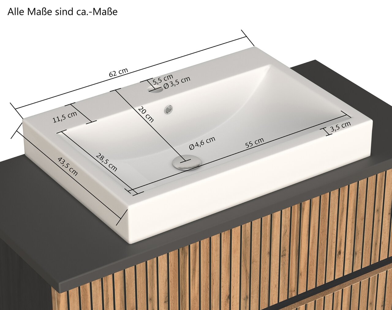 Moderne wastafel met rechthoekige wasbak, weergegeven vanuit vogelperspectief, met gedetailleerde afmetingen.