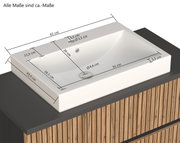 Moderne wastafel met rechthoekige wasbak, weergegeven vanuit vogelperspectief, met gedetailleerde afmetingen.