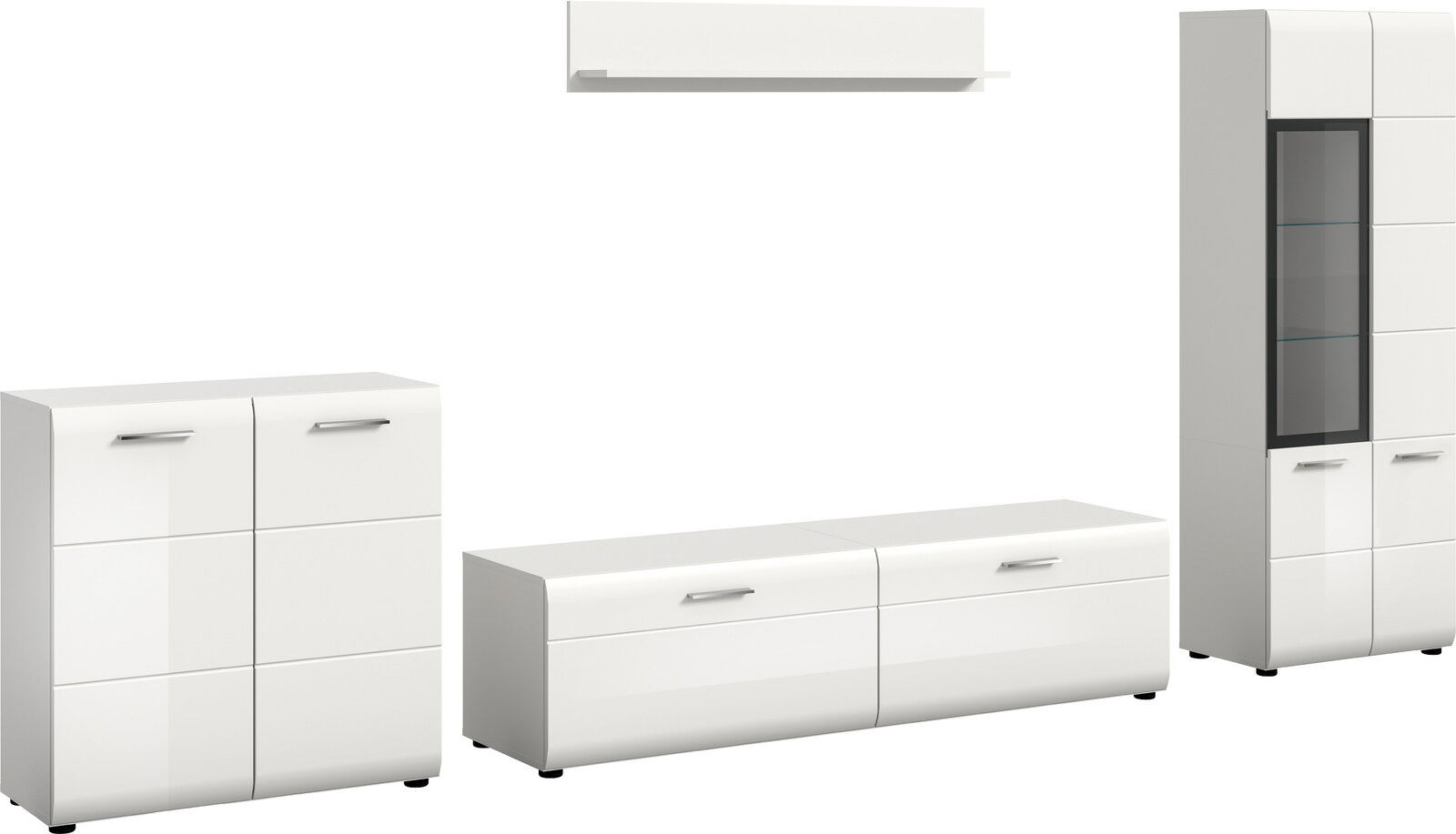 Modernes weißes Wohnzimmermöbel-Set mit Sideboard, Lowboard, Hängeregal und Vitrine mit Glaseinsatz und silbernen Griffen, freigestellt in frontaler Perspektive