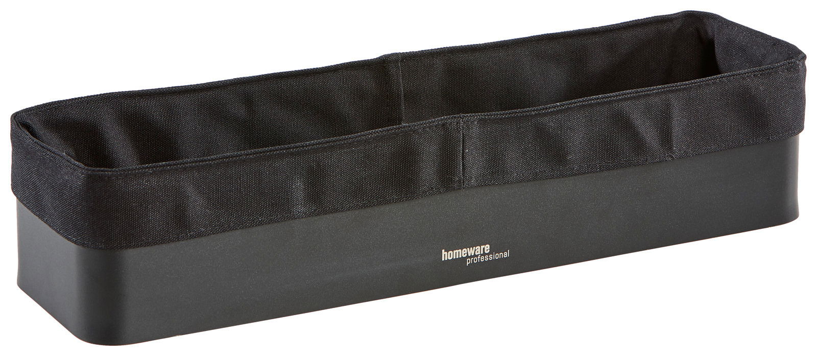 Schwarzer Brotkorb aus Stoff und Kunststoff, seitliche Perspektive