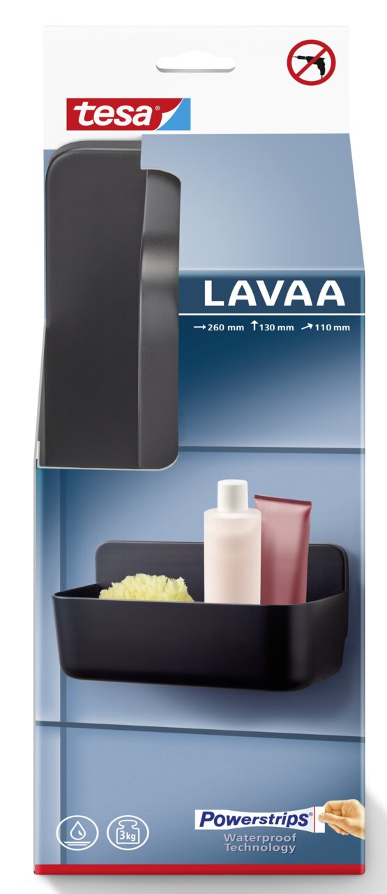 Zwarte tesa Lavaa-douchemand M, hier afgebeeld in vooraanzicht, met Powerstrips-technologie, geschikt voor de badkamer, draagvermogen tot 3 kg.