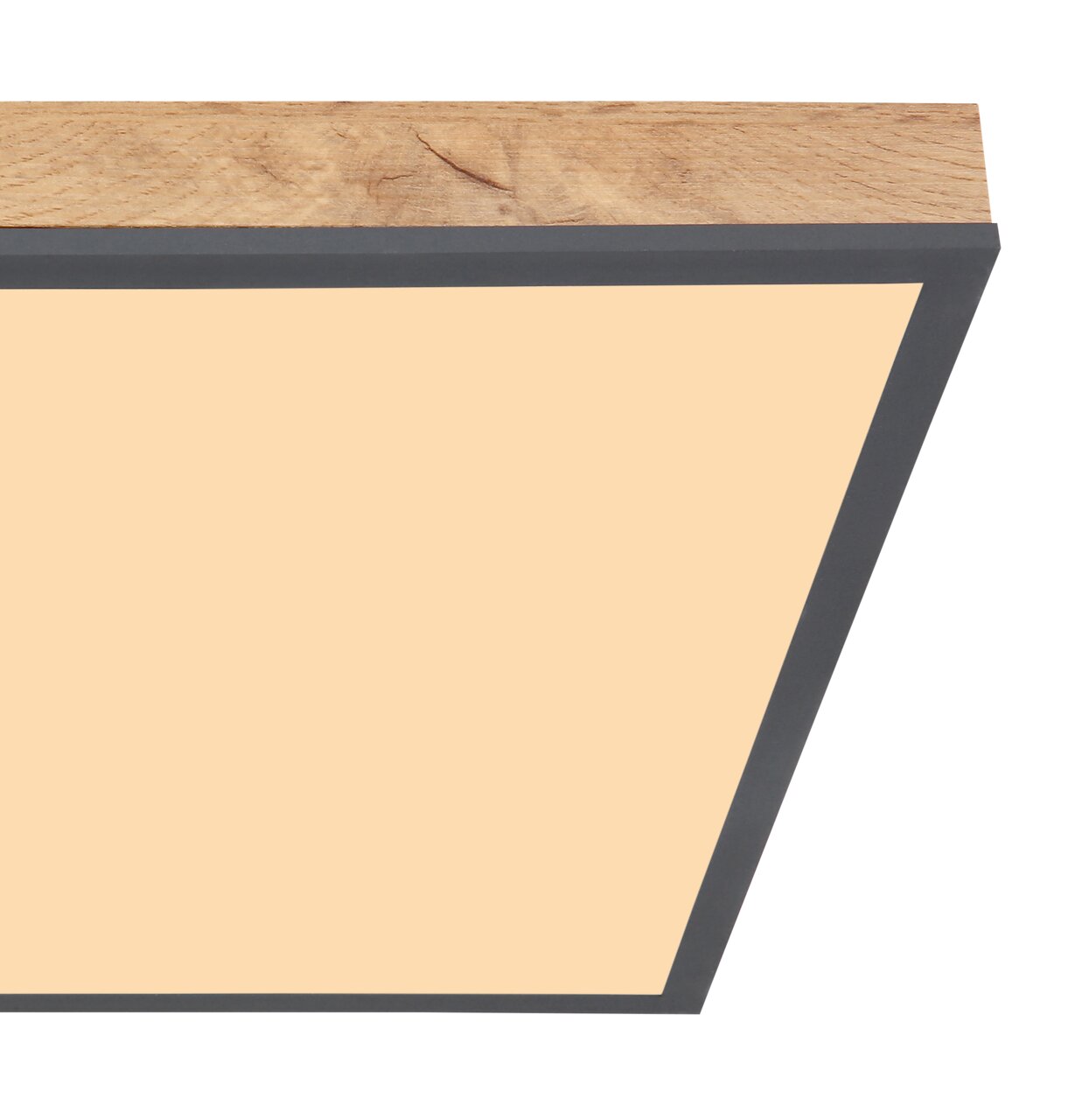 Moderne Deckenleuchte mit Holzrahmen und schwarzem Rand, seitliche Perspektive