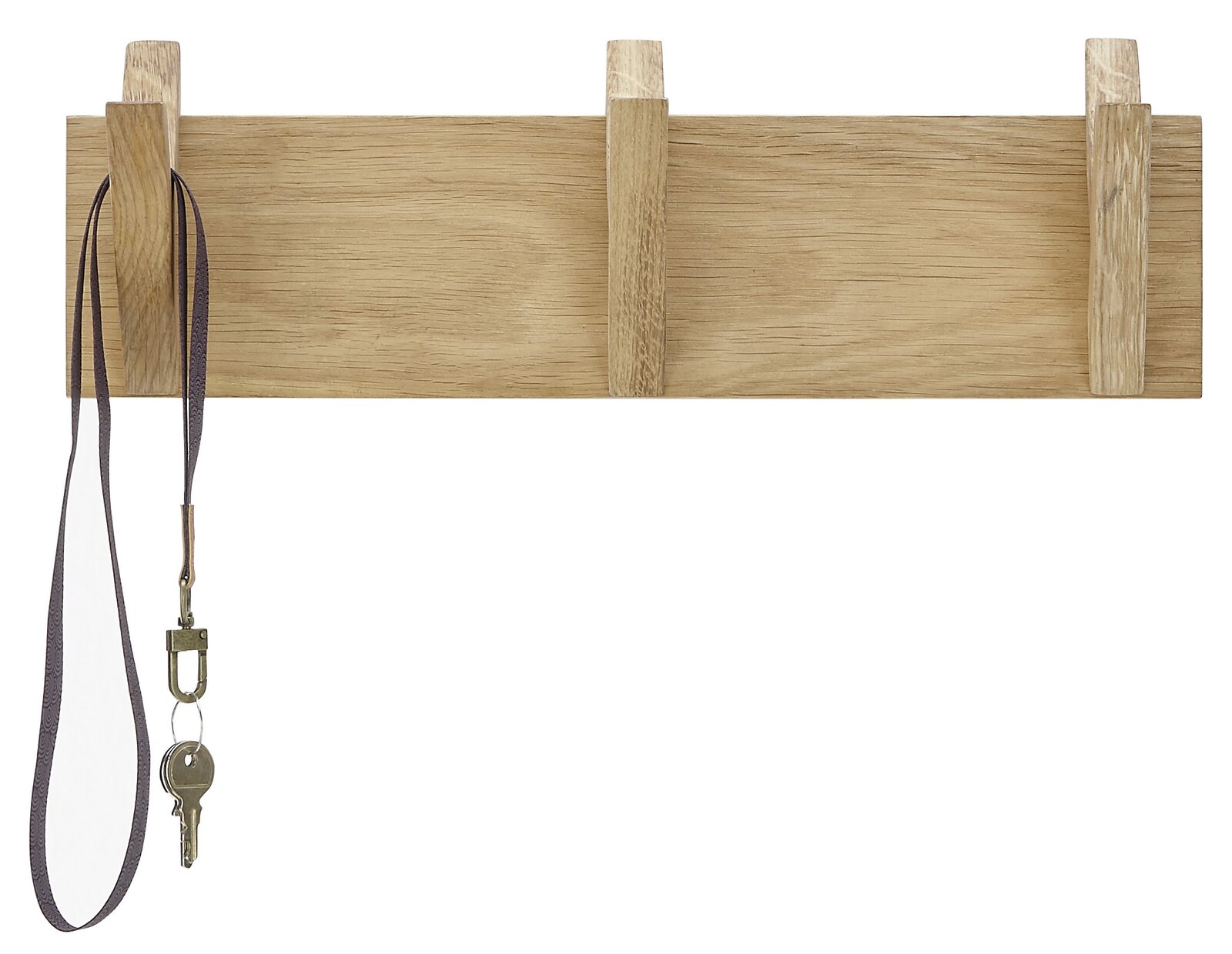 Hakenleiste aus Holz mit drei Haken, frontal abgebildet, mit einem Schlüsselband und Schlüssel an einem Haken.