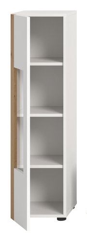 Weiße Vitrine mit vier offenen Regalfächern, seitliche Holzverkleidung, Perspektive von vorne links