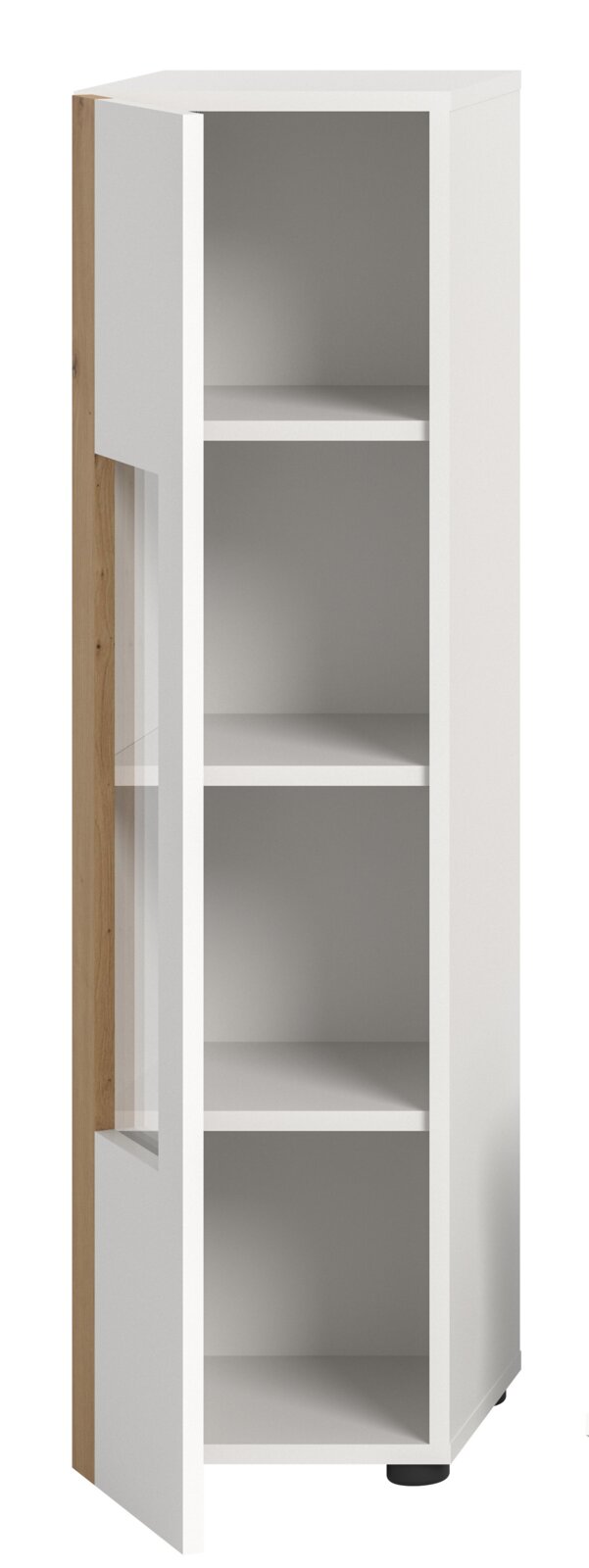 Weiße Vitrine mit vier offenen Regalfächern, seitliche Holzverkleidung, Perspektive von vorne links