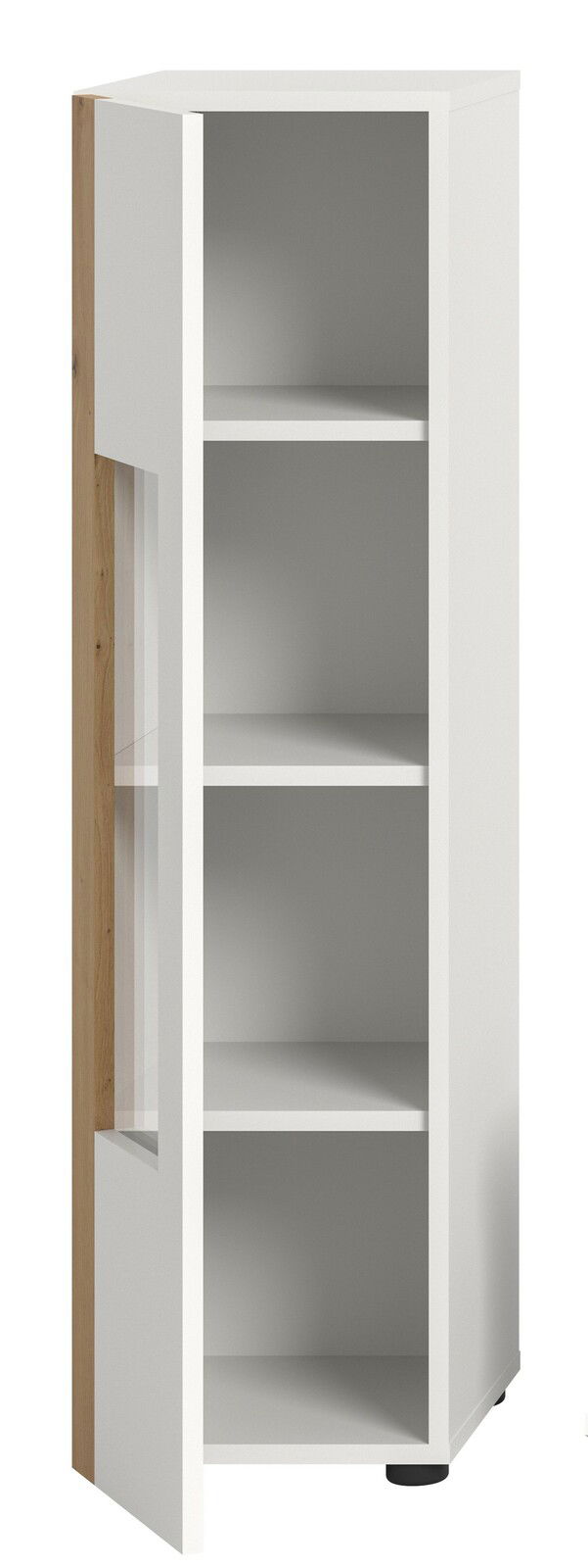 Weiße Vitrine mit vier offenen Regalfächern, seitliche Holzverkleidung, Perspektive von vorne links