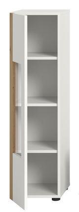 Weiße Vitrine mit vier offenen Regalfächern, seitliche Holzverkleidung, Perspektive von vorne links