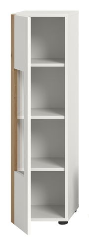 Weiße Vitrine mit vier offenen Regalfächern, seitliche Holzverkleidung, Perspektive von vorne links