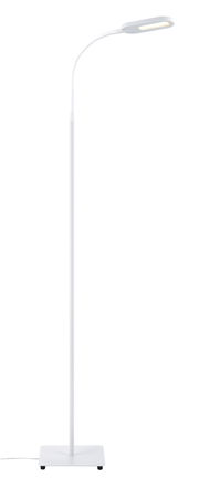 LED Stehleuchte Power in weißer Farbe, mit flexiblem Hals und rechteckigem Sockel, aus frontaler Perspektive.