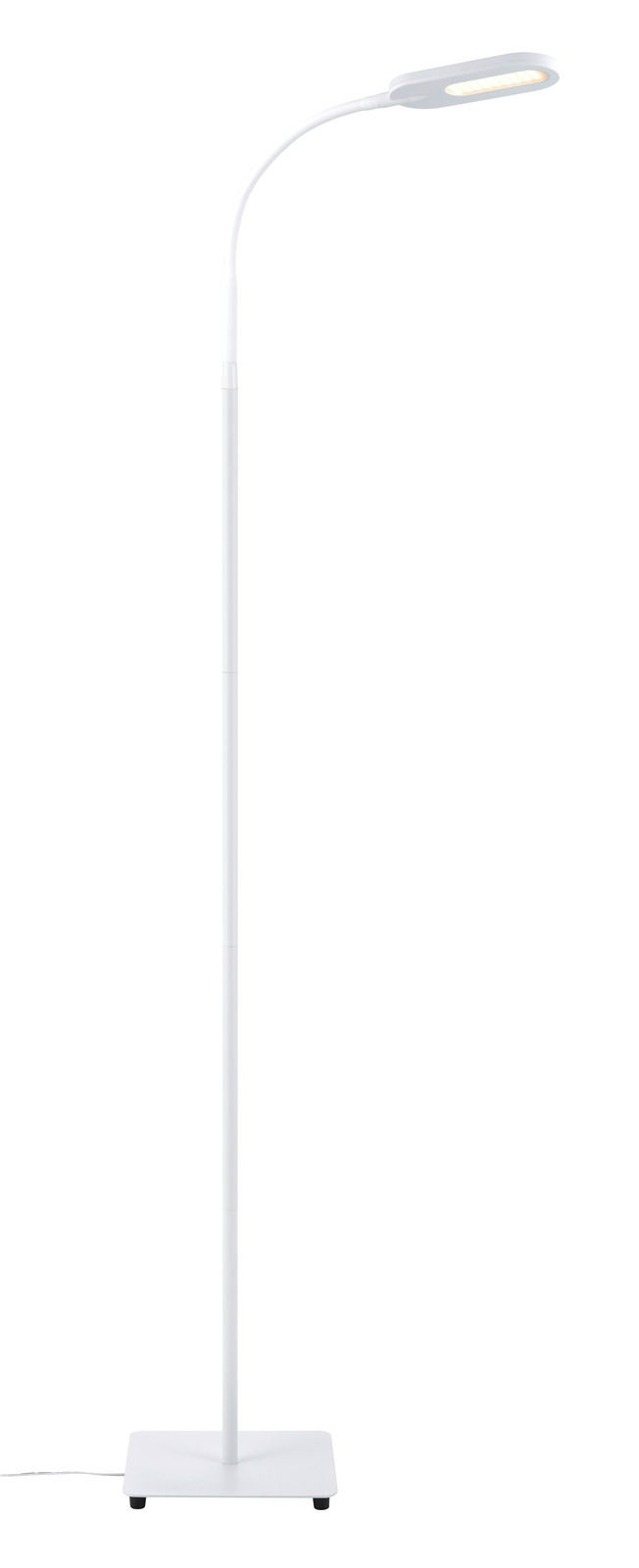 LED Stehleuchte Power in weißer Farbe, mit flexiblem Hals und rechteckigem Sockel, aus frontaler Perspektive.