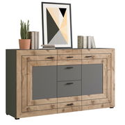 Modernes Sideboard aus Holz und grauem Material, frontal fotografiert, dekoriert mit Büchern, einer Pflanze und einem gerahmten Bild.