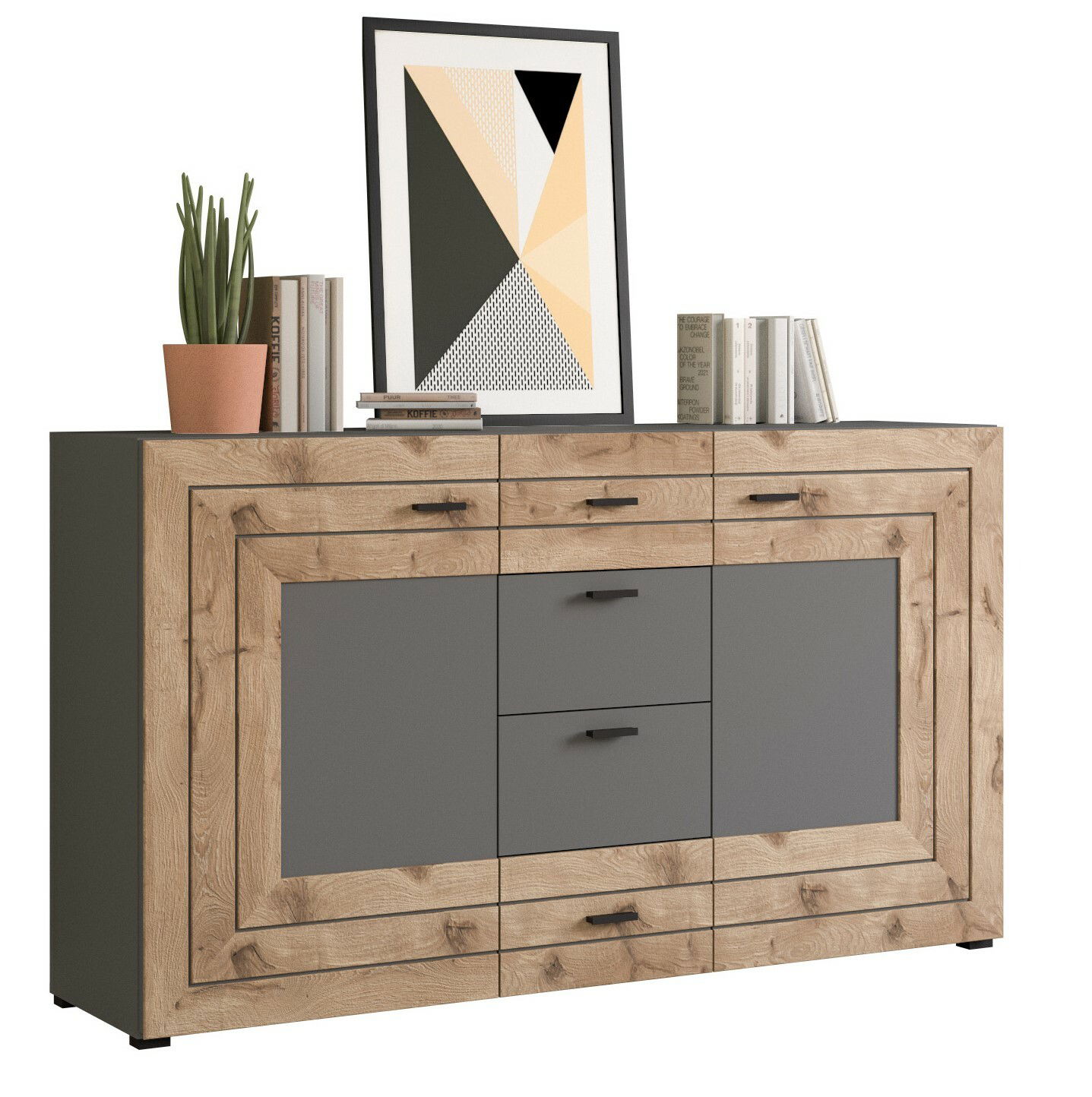 Modernes Sideboard aus Holz und grauem Material, frontal fotografiert, dekoriert mit Büchern, einer Pflanze und einem gerahmten Bild.