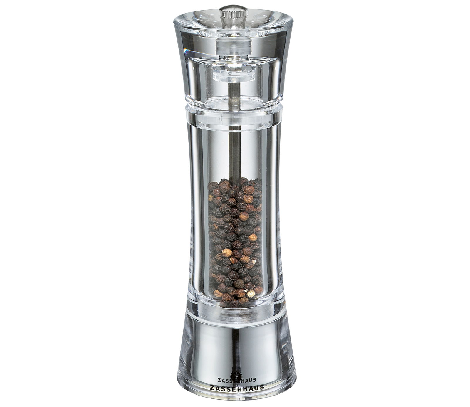 Transparente Pfeffermühle aus Acryl, gefüllt mit Pfefferkörnern, frontal abgebildet.