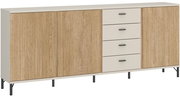Modernes Sideboard mit Holzoptik und weißen Schubladen, seitliche Perspektive