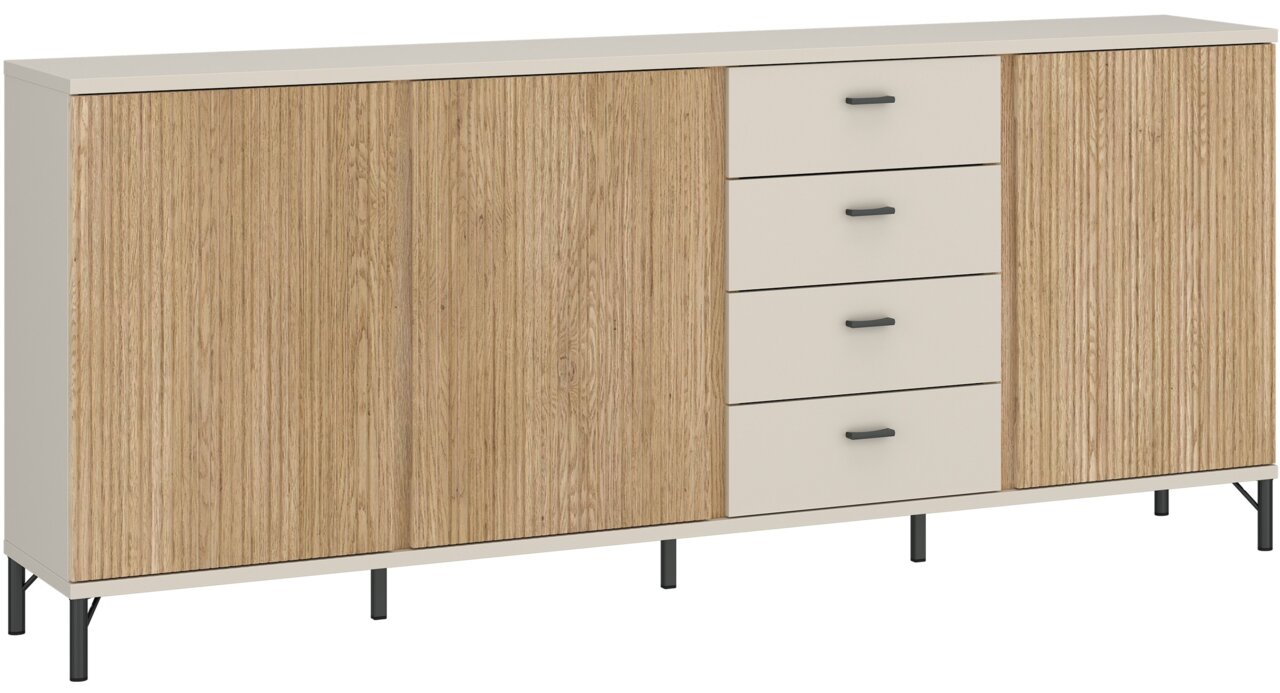 Z2 Dressoir MOSANO Modernes Sideboard mit Holzoptik und weißen Schubladen, seitliche Perspektive