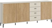 Modernes Sideboard mit Holzoptik und weißen Schubladen, seitliche Perspektive