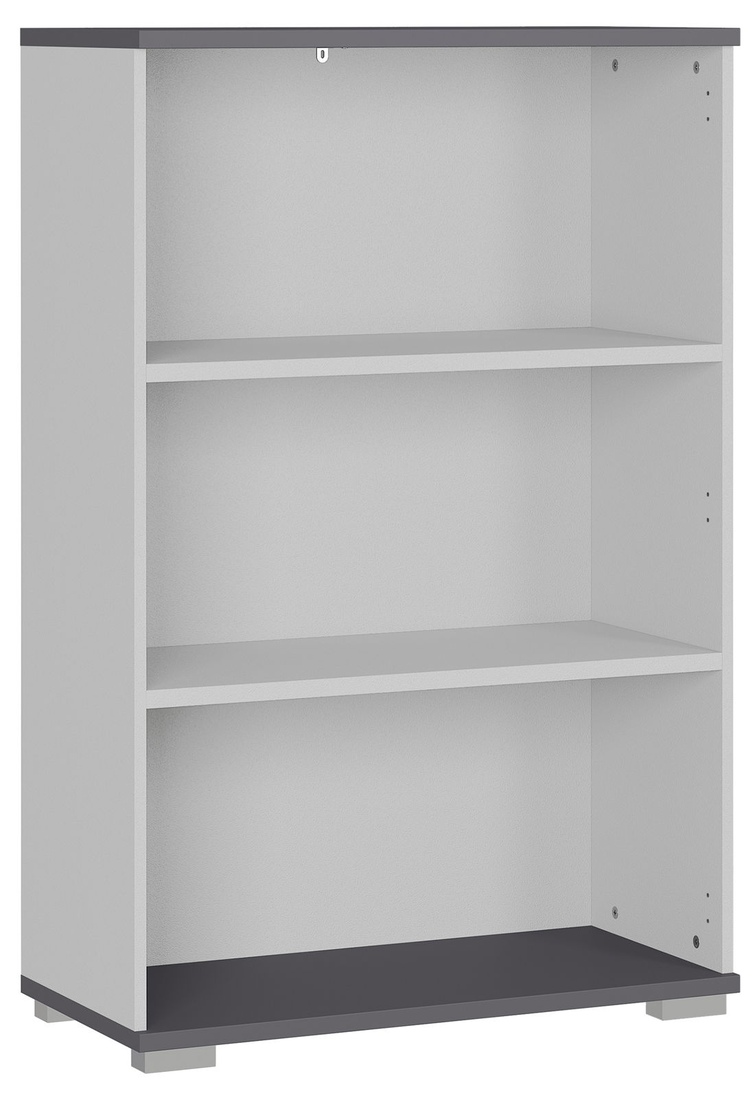 Frontale Ansicht eines weißen Aktenregals mit drei offenen Fächern, Modell Germania Aktenregal PALMINA.