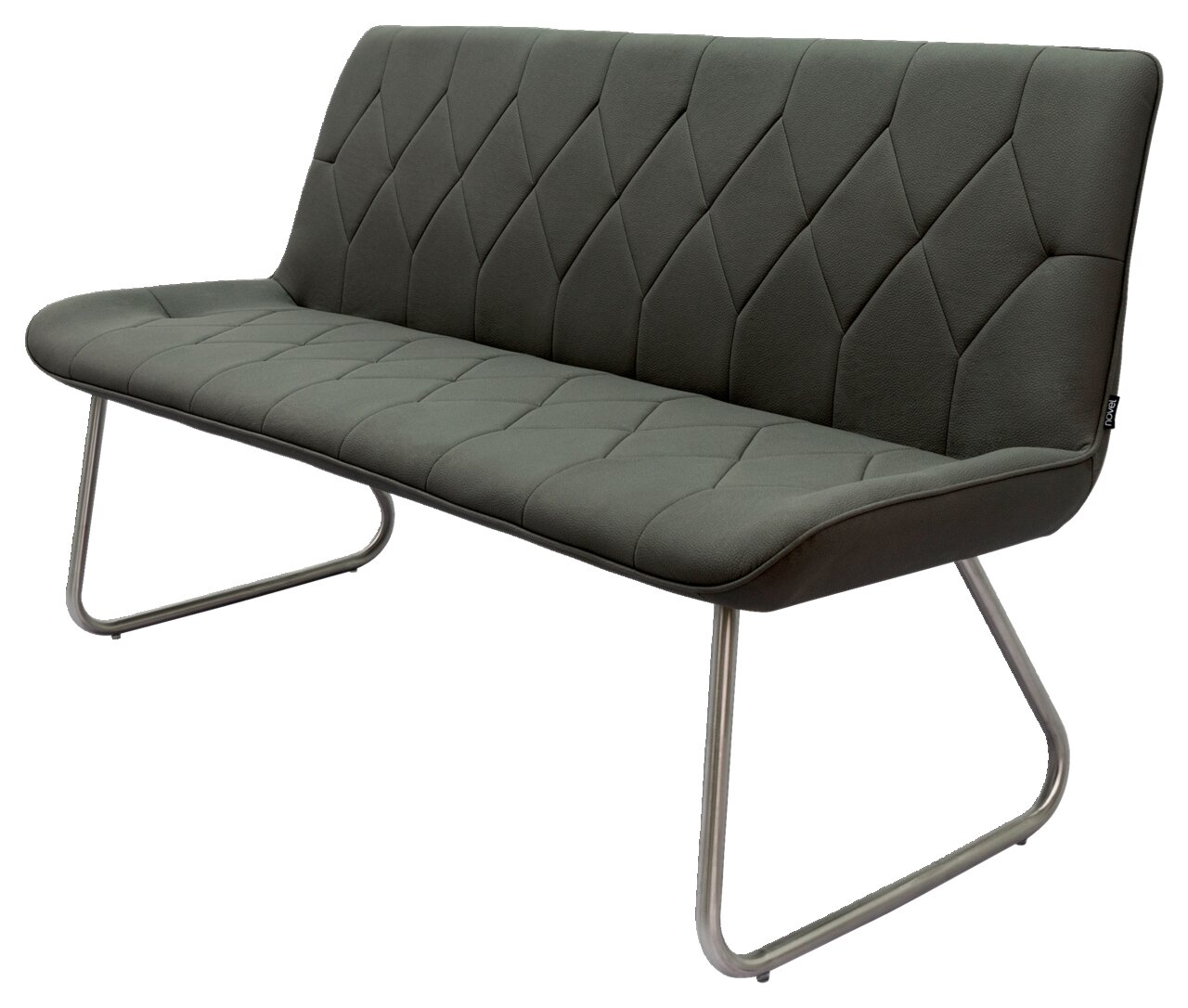 Moderne bank met grijze bekleding en metalen poten, zijaanzicht