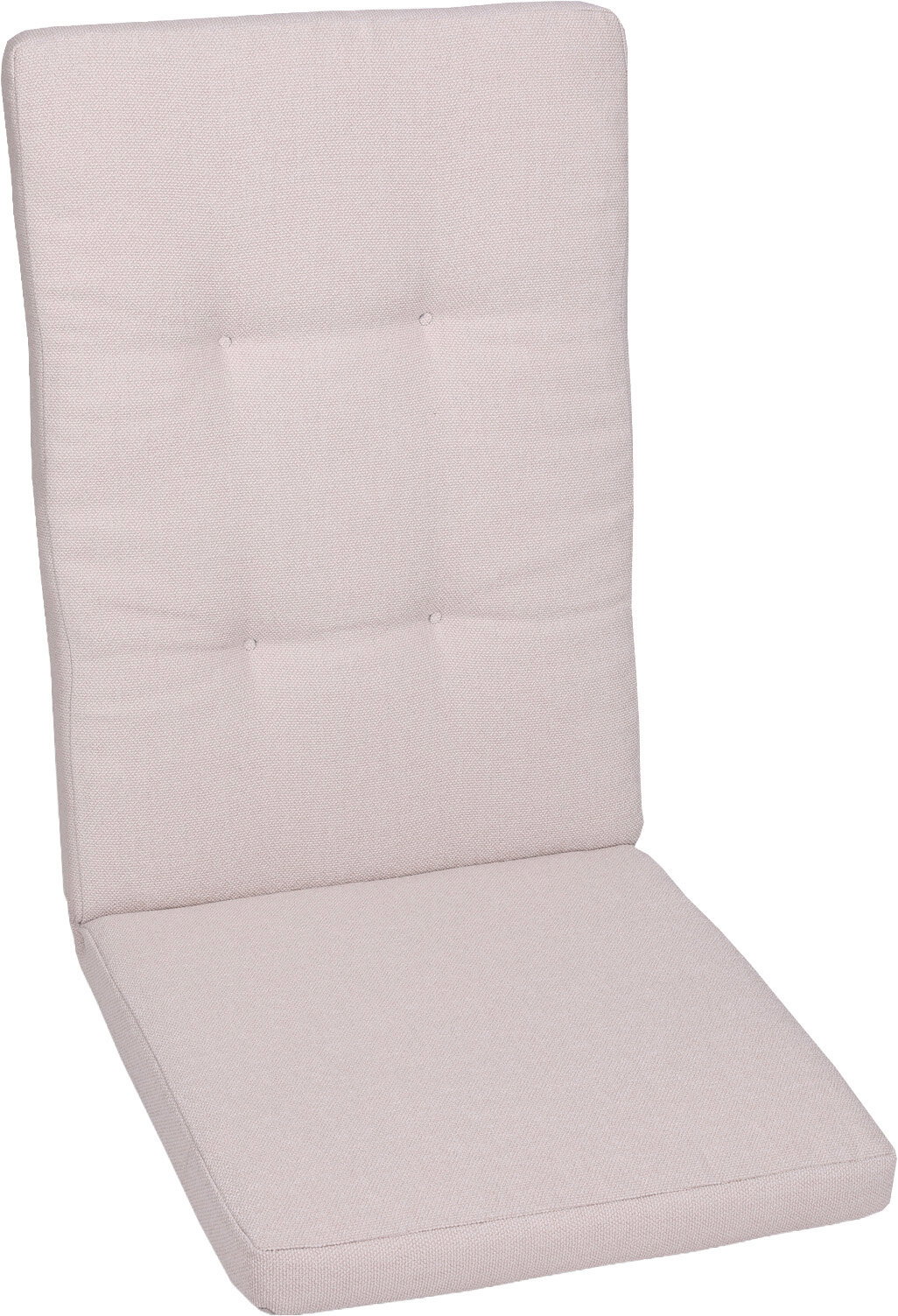Beige gepolsterte Stuhlauflage mit hoher Rückenlehne und Sitzkissen, leicht schräg von vorne fotografiert