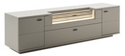 Modernes Sideboard in Hellgrau mit Holzoptik-Element und integrierter LED-Beleuchtung, mehrere Schubladen und Türen, in schräger Frontansicht von links auf weißem Hintergrund
