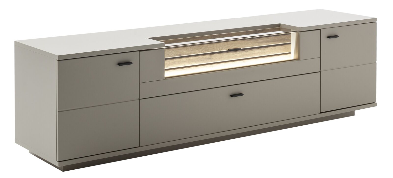 Modernes Sideboard in Hellgrau mit Holzoptik-Element und integrierter LED-Beleuchtung, mehrere Schubladen und Türen, in schräger Frontansicht von links auf weißem Hintergrund
