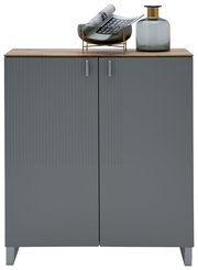 Moderner grauer Schuhschrank mit zwei Türen, dekoriert mit einer Vase und einer Schale auf der Oberseite, Frontalansicht.