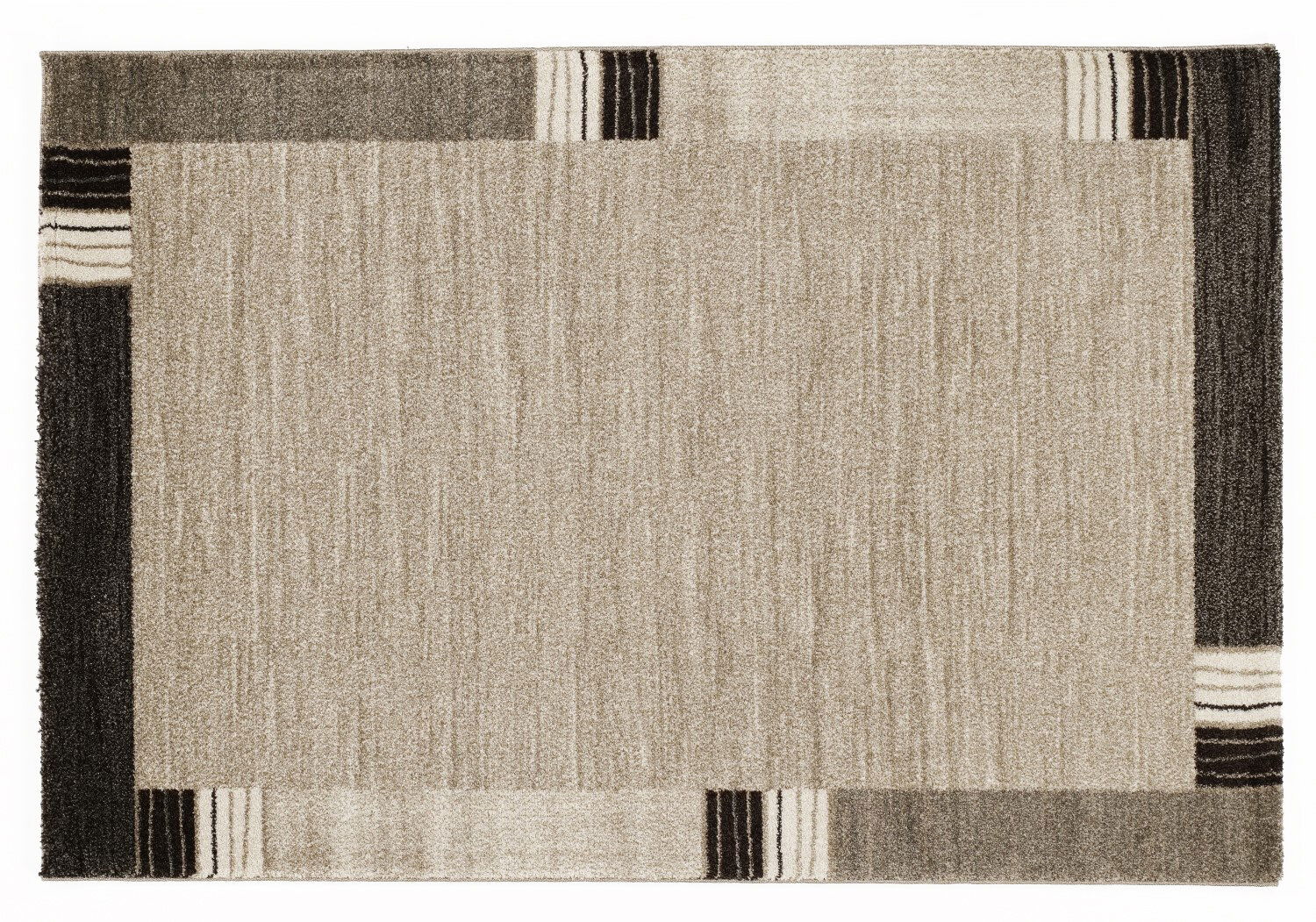 Rechteckiger Teppich in Beige- und Brauntönen mit geometrischem Muster, Draufsicht.