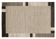 Rechteckiger Teppich in Beige- und Brauntönen mit geometrischem Muster, Draufsicht.