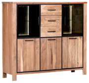 Hoogwaardig houten highboard met glazen vitrines en lades, vooraanzicht