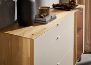 Modernes Sideboard aus hellem Holz mit weißen Fronten und Glastür, dekoriert mit Vase und Büchern, in schräger Perspektive von vorne links