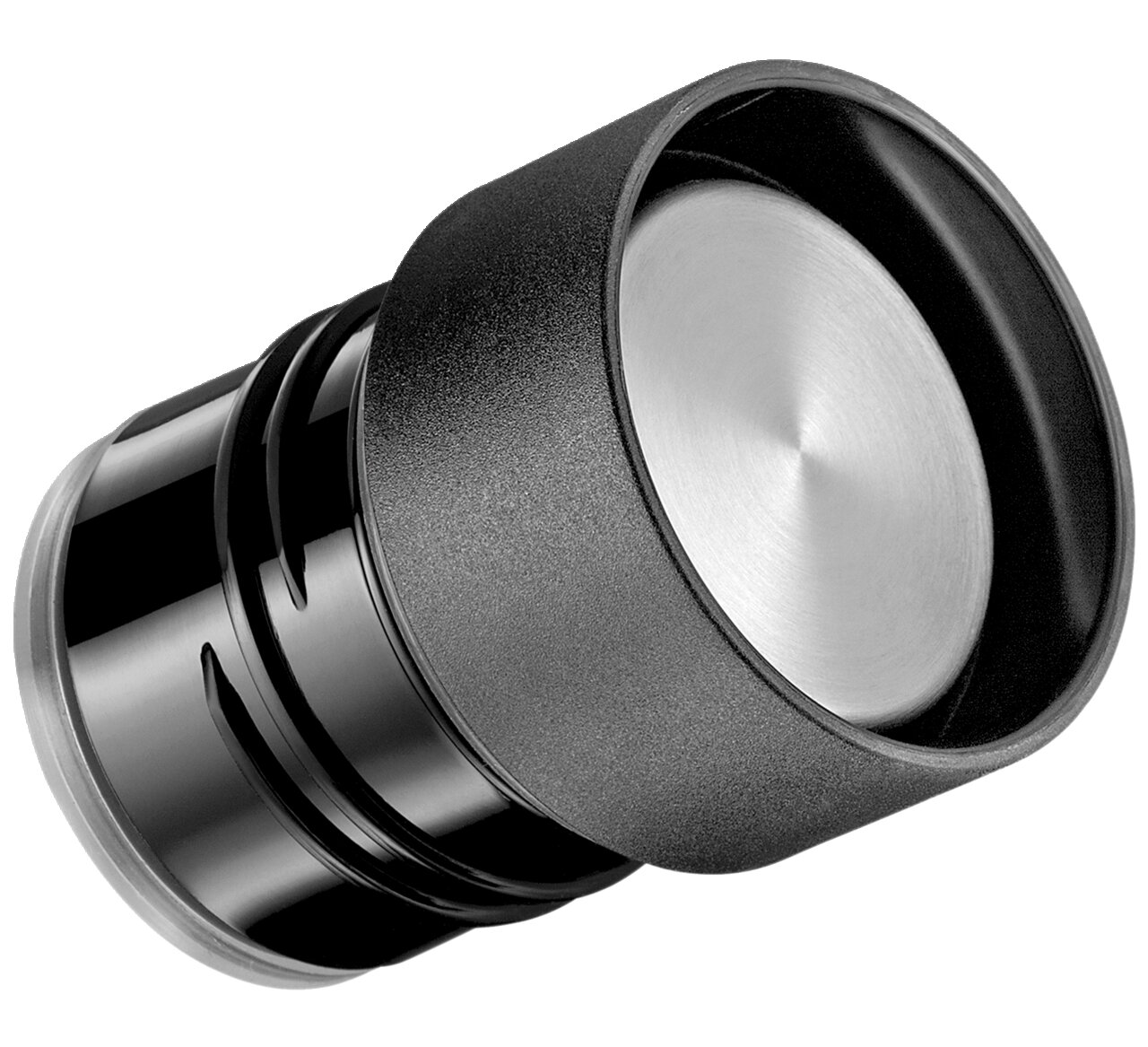 Schwarzer Deckel einer Isoliertrinkflasche, seitliche Perspektive