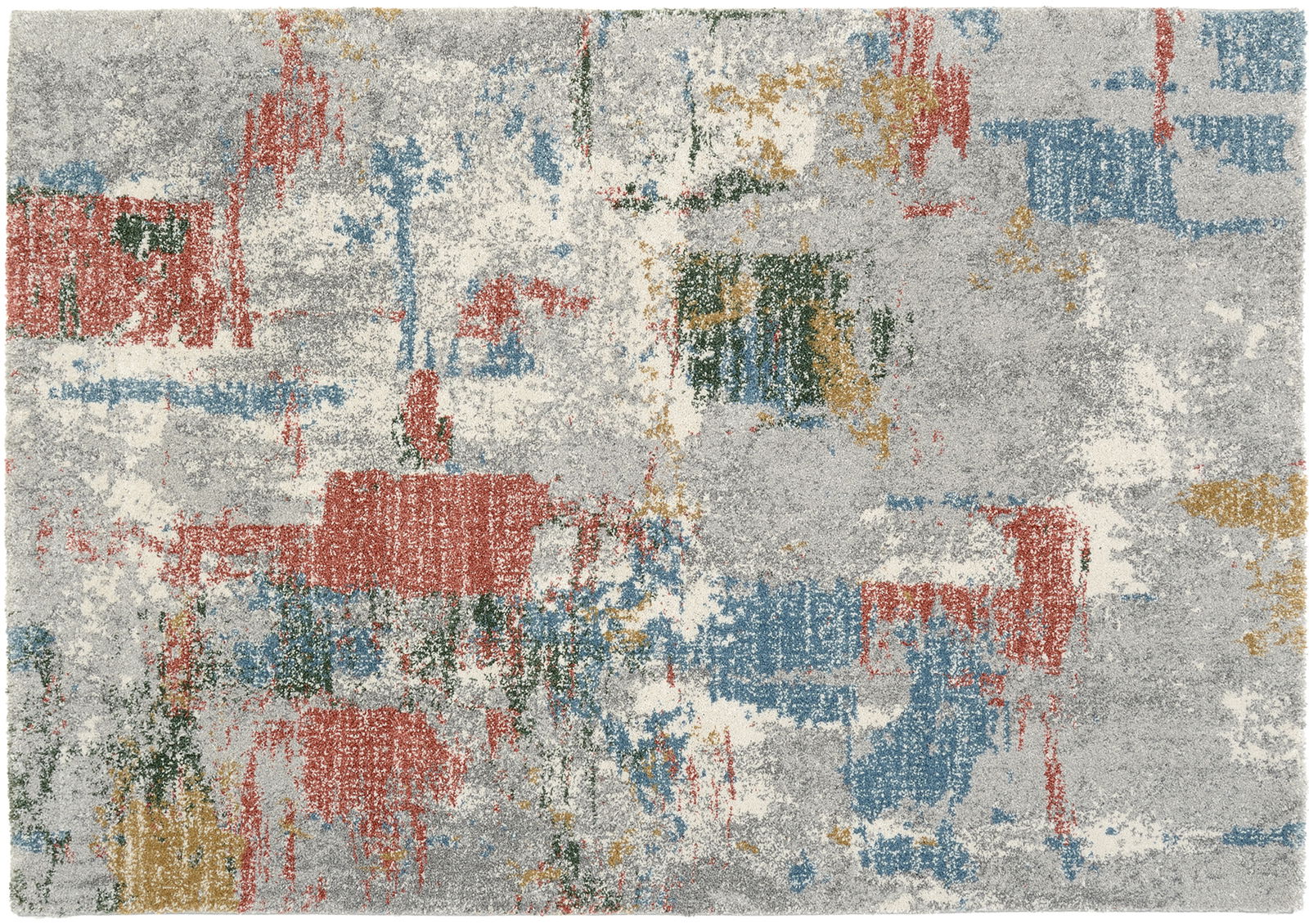 Frisé-Teppich mit abstraktem Muster in Grau, Rot, Blau, Grün und Gelb, aus der Vogelperspektive fotografiert.